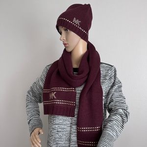 Michael Kors Burgundy Studded Stripe with Logo Detail Hat & Scarf Set